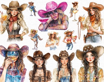 Cowgirl Clipart Set Western Girl PNG Bundle Rodeo Women Art Country Aesthetic Watercolor Clipart Boho Cowgirl Digital Download Watercolor