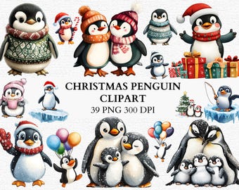 May include: A collection of watercolor Christmas penguin clipart. The penguins are depicted in various festive outfits, including sweaters, hats, and scarves. Some penguins are holding gifts and balloons. The text "CHRISTMAS PENGUIN CLIPART 39 PNG 300 DPI" is also visible.