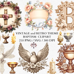 Vintage Taufe Clipart PNG SVG Symbolische religiöse Motive Religiöse Blumenkränze Vintage Kerzen Kreuze für Baby Taufe Kommerzielle Nutzung