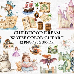 Clipart de acuarela de sueño infantil para niños, cuento de hadas PNG SVG, pirata, princesa, astronauta, caballero, dragón, fantasía, decoración de fiesta, descarga instantánea
