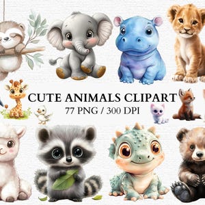 May include: A set of 77 cute animal illustrations in PNG format, ideal for crafting and design projects. The illustrations feature a variety of animals, including a penguin, giraffe, elephant, hippopotamus, lion, raccoon, dragon, and bear. The illustrations are all in a cartoon style and are perfect for adding a touch of whimsy to your projects.