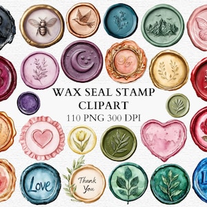 May include: A collection of watercolor wax seal stamps in various colors and designs. The stamps feature images of a bee, a bird, a butterfly, a rose, a heart, and other decorative elements. The text "WAX SEAL STAMP CLIPART" is also visible.