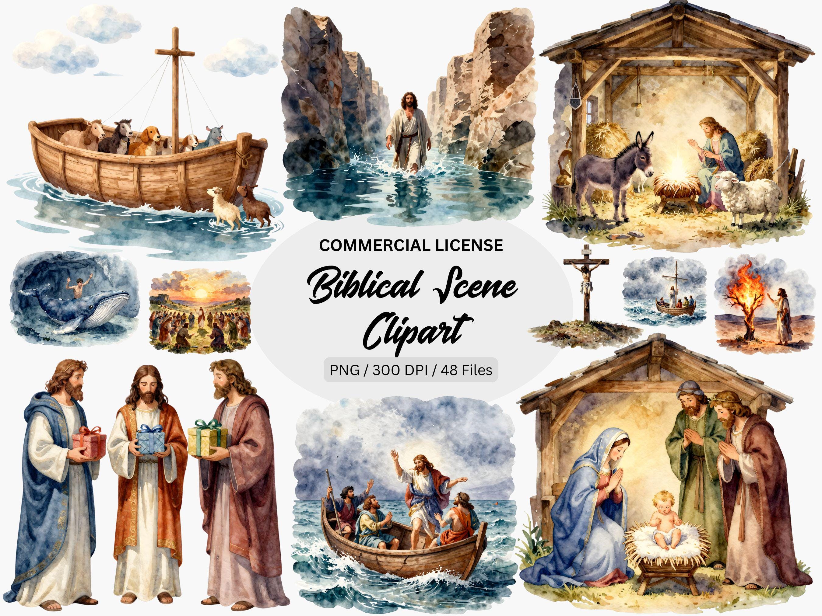 Watercolor Bible Scene Clipart PNG Bundle, Christian Jesus Nativity ...
