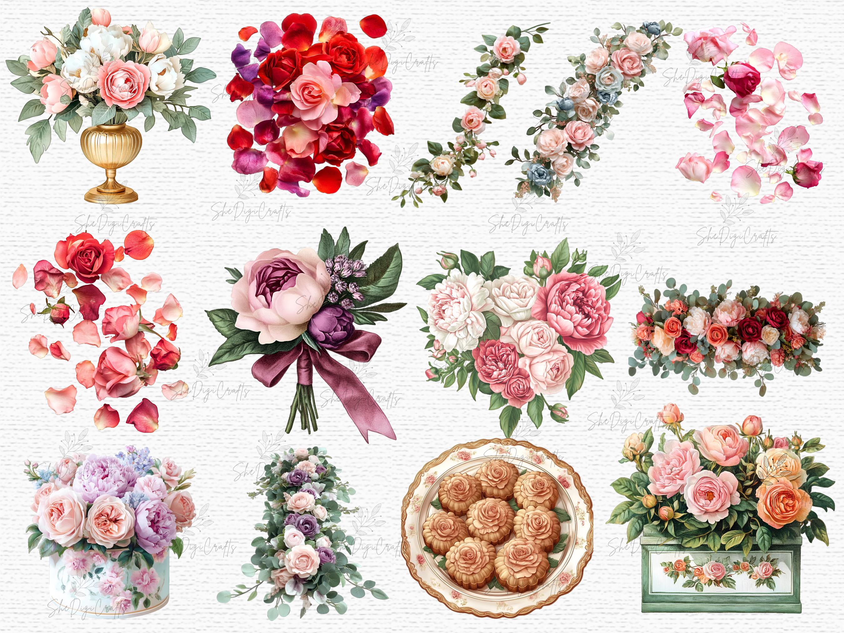 Floral Birthday Clipart Set Roses PNG Watercolor Flowers Wedding ...