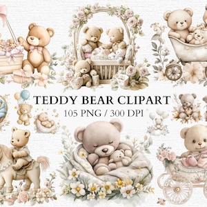 Babyshower clipartbundel aquarel neutraal babyshower PNG clipart schattige beer digitale kunst afdrukbare beer illustratie voor uitnodigingen