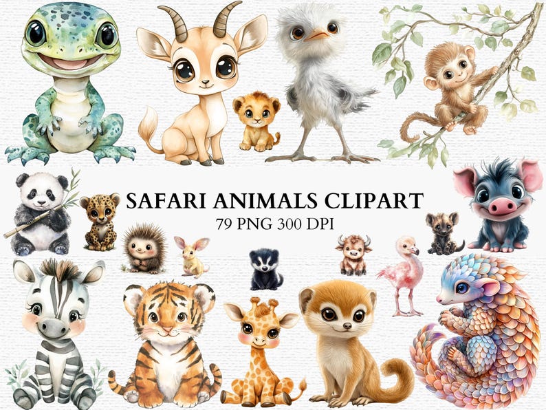 Safari Animals Clipart Bundle PNG Baby Jungle Zoo Animals Cute Safari ...