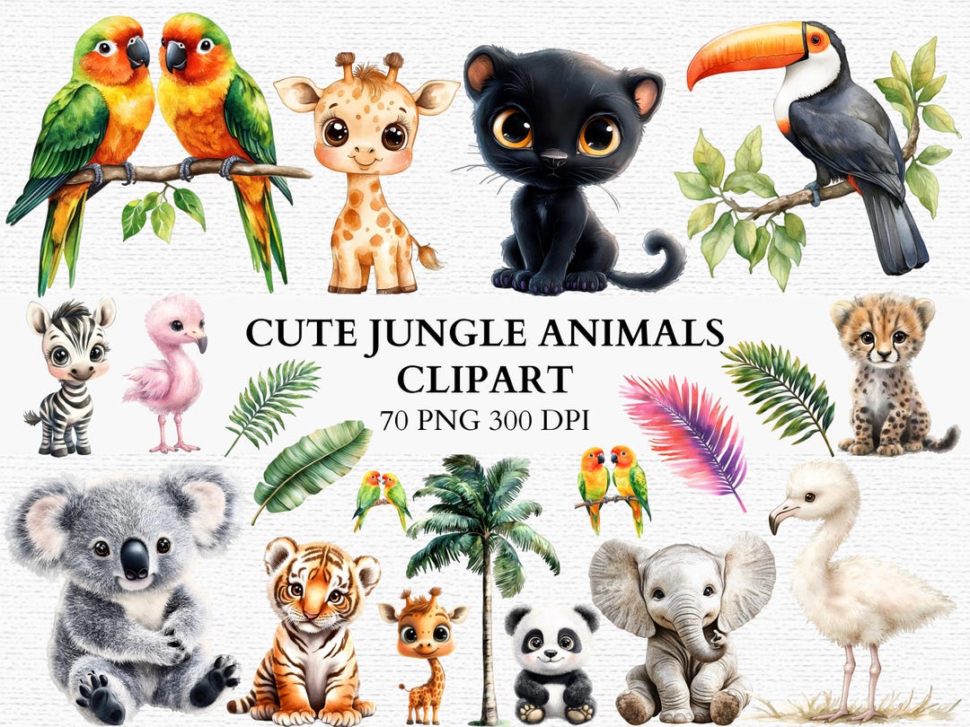 Cute Jungle Animals Clipart Bundle Baby Safari Animal Pngs Tropical ...