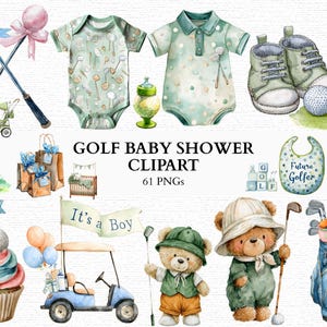 Könnte beinhalten: Aquarell-Illustrationen für eine Babyparty zum Thema Golf. Enthält Babykleidung, Golfschläger, einen Golfwagen, Teddybären und einen Cupcake. Die Farbpalette umfasst sanfte Grün-, Blau- und Brauntöne. Text: "It's a Boy".
