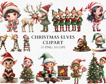 May include: A collection of Christmas-themed clipart featuring elves, a reindeer, and festive elements. The illustrations include elves singing, holding candy canes, and decorating a Christmas tree. The text reads "CHRISTMAS ELVES CLIPART 50 PNG 300 DPI."