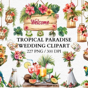 Gráficos de invitación de boda tropical, paquete digital de diseño de boda en la playa para planificador de bodas, diseño de palmera de hibisco y luau