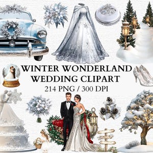 Winter Wedding Clipart Set Snowy Floral Png Frosted Trees Bride Groom Elements Vintage Carriage Digital Christmas Graphics Commercial Use