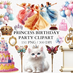 Tema de festa de aniversário de princesa PNG Clipart Cute Royal Designs para crianças Cartões Convites Tema de princesa Convite de aniversário Scrapbooking
