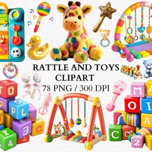 Cute Baby Rattles Png Clipart Set Baby Toys PNG Collection Colorful Baby Rattle Graphics Plush Animal Clipart for Baby Shower Decorations