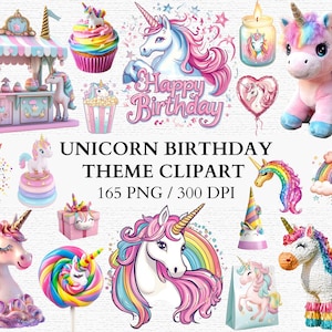 165 Unicorn Birthday Party Clipart PNG Rainbow Magical Unicorn Cupcakes Balloons and Decorations Kids Party Digital Download Commercial Use