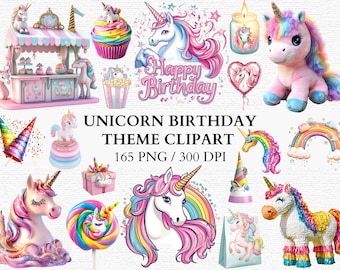 165 Unicorn verjaardagsfeestje clipart PNG regenboog magische eenhoorn cupcakes ballonnen en decoraties kinderfeestje digitale download commercieel gebruik