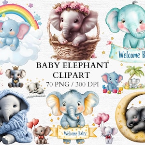Cute Baby Elephant Clipart Bundle Pastel Nursery Art Baby Shower Invitations Digital Scrapbook Printable Baby Decor Sublimation PNG