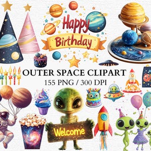 Fiesta de cumpleaños con tema espacial PNG Clipart Cohetes Planetas Estrellas Astronautas y OVNIS para invitaciones infantiles Fiesta Submit Uso comercial