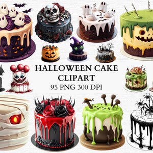 Paquete de imágenes prediseñadas de pastel de Halloween PNG, fantasma espeluznante, zombi, calavera, calabaza, payaso, momia, ojos, pasteles espeluznantes, decoración de fiesta de terror, arte para uso comercial