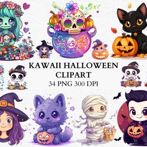 Adorable Halloween clipart bundle featuring kawaii-style characters including a witch, mummy, vampire, and black cat with pumpkins and bats. Perfect for planners, sublimation, and crafting.