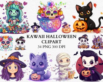 Kawaii Halloween PNG Clipart Cute Witch Cat Vampire Mummy Pastel Goth Pumpkin Art for Sublimation Cards Stickers Planners Commercial Use