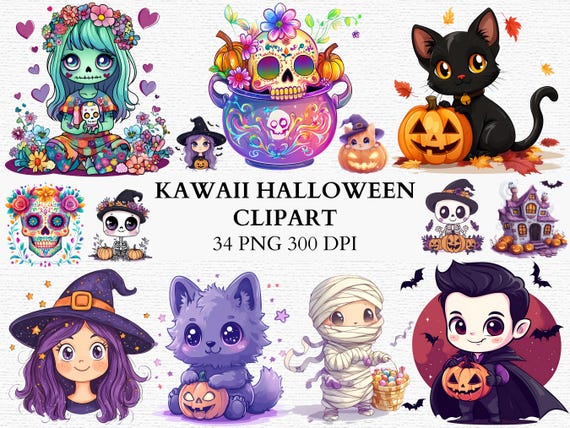 Kawaii Halloween PNG Clipart Cute Witch Cat Vampire Mummy Pastel Goth Pumpkin Art for Sublimation Cards Stickers Planners Commercial Use