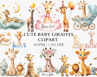 Clipart z żyrafą dla dziecka w formacie PNG, urocze zwierzątka safari, dekoracja pokoju dziecięcego dla dziewczynki na baby shower, akwarelowe zwierzęta dżungli, małe zwierzątka safari w formacie PNG