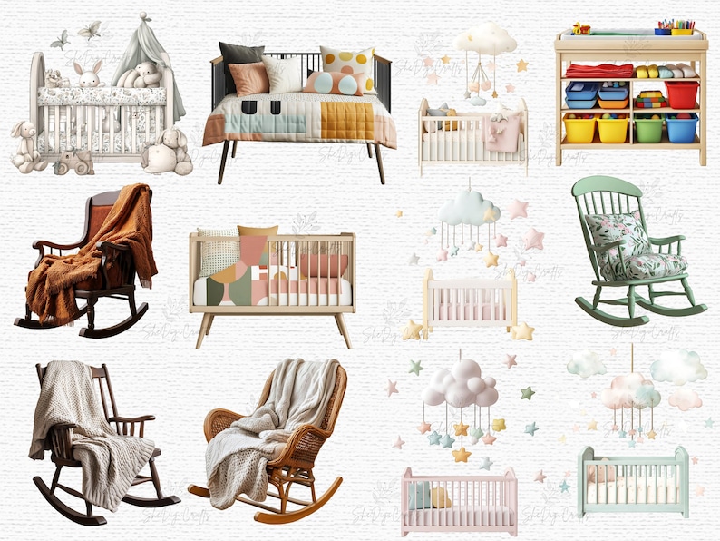 Nursery Furniture Clipart Set Baby Crib Rocking Chair Changing Table ...