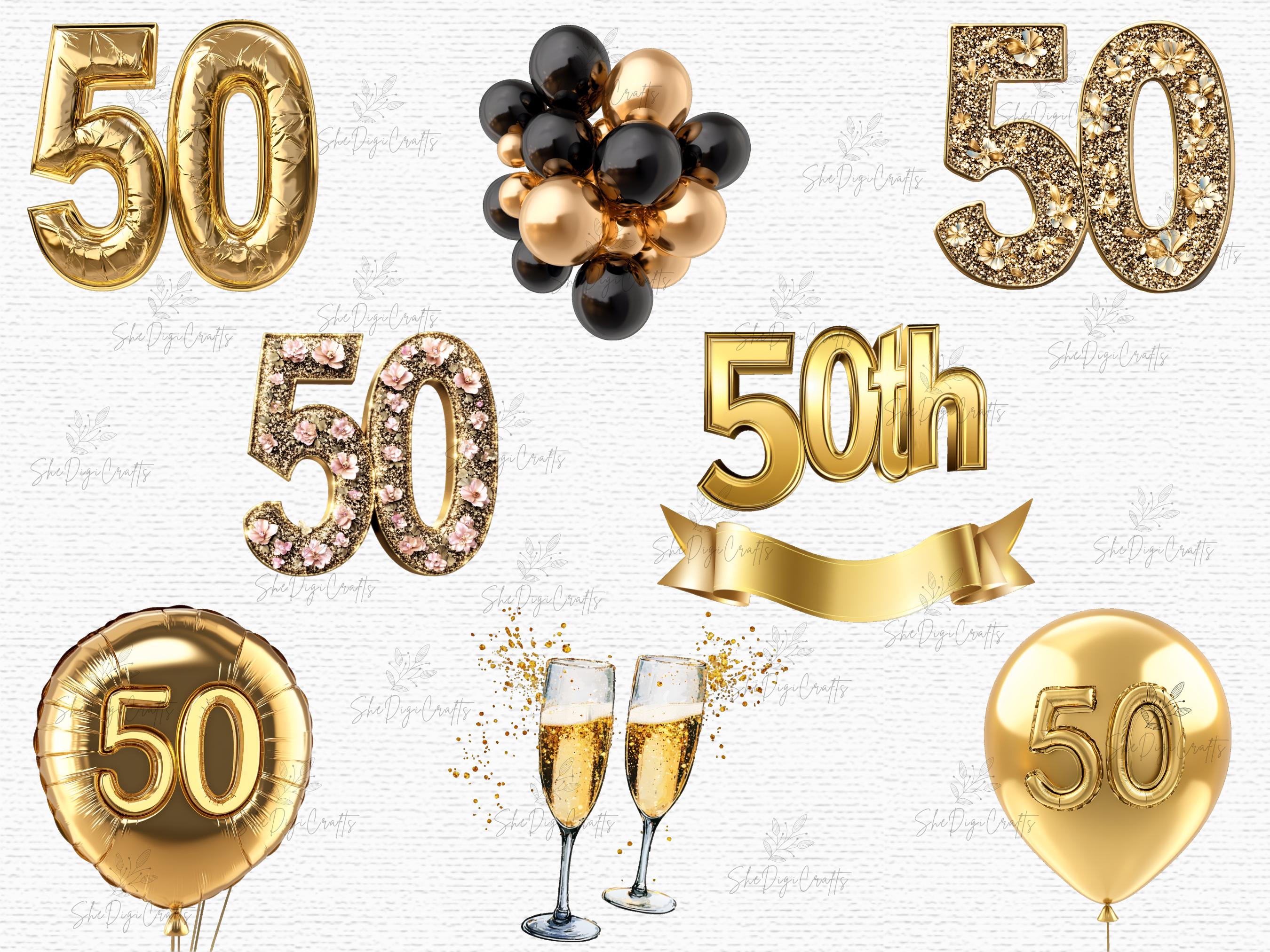 50th Loading 50th Birthday Clipart Bundle Gold Party Decorations PNG Champagne ...