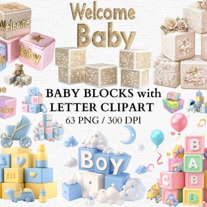 Blocchi per bambini con lettere PNG Clipart Set Decorazione per la cameretta dei bambini Blocchi dell'alfabeto pastello Baby Shower Download digitale Cubi 3D carini stampabili