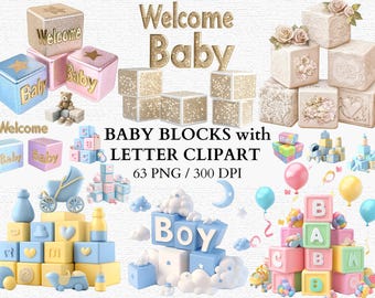 May include: A set of 63 digital clipart images of baby blocks with letters, including the words "Welcome Baby" and "Boy". The blocks are in various colours, including pink, blue, yellow, and white. The images are 300 DPI.