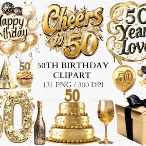 Conjunto de imágenes prediseñadas para celebrar el 50.° cumpleaños con temática dorada, cajas de regalo con champán brillante y decoración de fiesta para ocasiones elegantes y con estilo