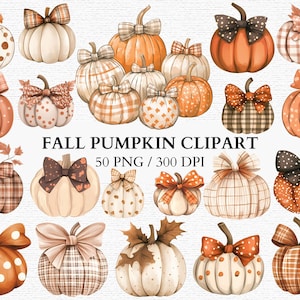 Conjunto de 50 clipart de abóboras de outono PNG Pacote de aquarela de outono Arte de Ação de Graças Impressão de Halloween em roupas e muito mais Download instantâneo Canva