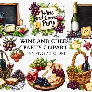 Wein und Käse Party Clipart Set mit Charcuterie Weinflaschen Käseplatten Trauben Brotkörbe Wein Partydekoration Kommerzielle Nutzung
