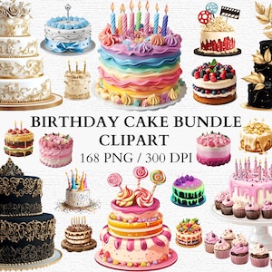 Op de afbeelding: Een verzameling van 168 verjaardagstaart clipart-afbeeldingen in PNG-formaat met 300 DPI. De afbeeldingen tonen een verscheidenheid aan taarten, waaronder taarten met meerdere lagen, cupcakes en taarten met één laag. De taarten zijn versierd met verschillende kleuren, glazuur, sprinkles en kaarsen. De afbeeldingen zijn perfect voor gebruik in digitaal scrapbooken, kaart maken en andere knutselprojecten.