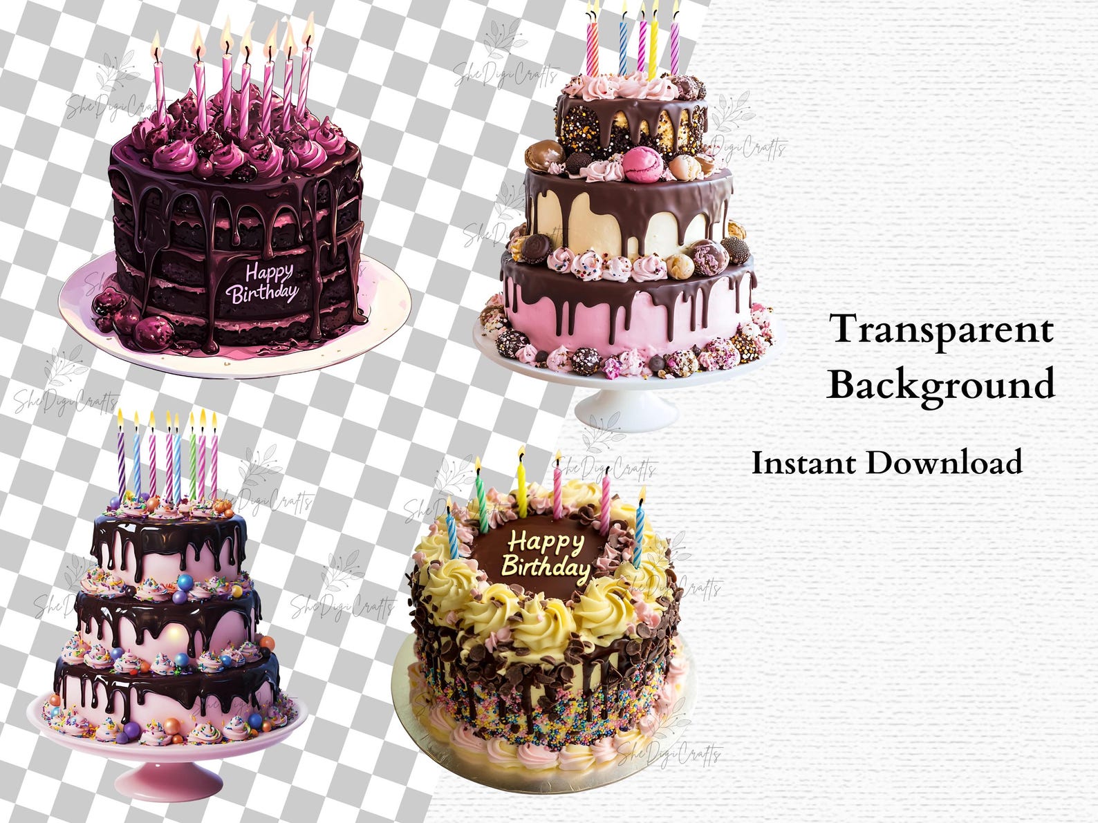 Birthday Cake Clipart Set Chocolate Drip Cakes PNG Watercolor Party ...