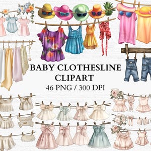 Baby Kleidung Clipart niedlich Kinderzimmer Wäscheleine Baby Shower Dekoration Baby Kinderzimmer Dekor Aquarell Neugeborene Wäscheleine Kunst Kommerzielle Nutzung