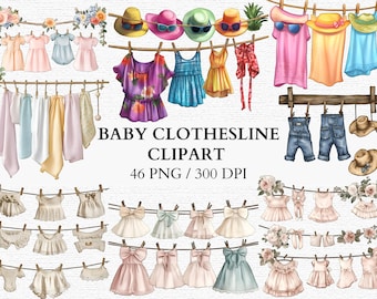 Baby Clothesline Clipart PNG Baby Shower Clothes Decor Newborn Girl Boy Clothing Art Pastel Baby Outfit Banner Digital Download Watercolor