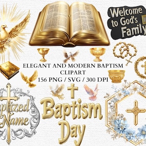 Elegante clipart de batismo dourado com ícones religiosos, Bíblias sagradas e decoração floral para convites de eventos da igreja e materiais imprimíveis espirituais