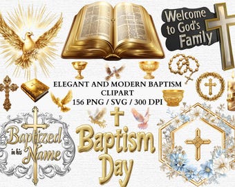 Clipart de bautismo dorado cristiano PNG SVG, elegante arte bíblico de cruz y paloma religiosa, día del bautismo católico moderno, clipart de sacramentos en acuarela