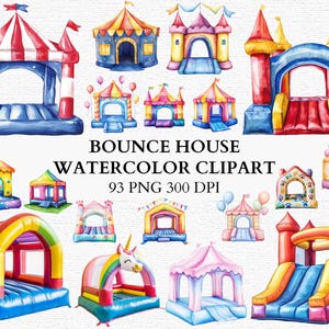 Bounce House Clipart Watercolor Bouncy Castle Inflatable Slide Party Tent PNG Carnival Birthday Graphics Kids Party Clipart Instant Download