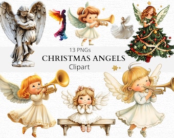 Christmas Angel Clipart Set Cute Angel PNG Bundle Watercolor Christmas Decor Holiday Angel Illustrations Digital Download Art Prints 13 PNG