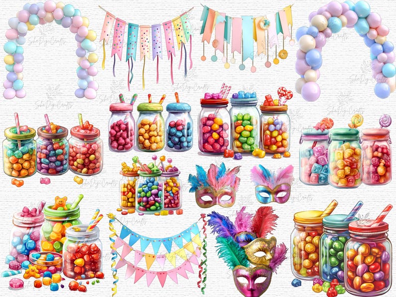 Birthday Party PNG Clipart Set Cupcakes Balloons Gifts Candy Jars Party ...
