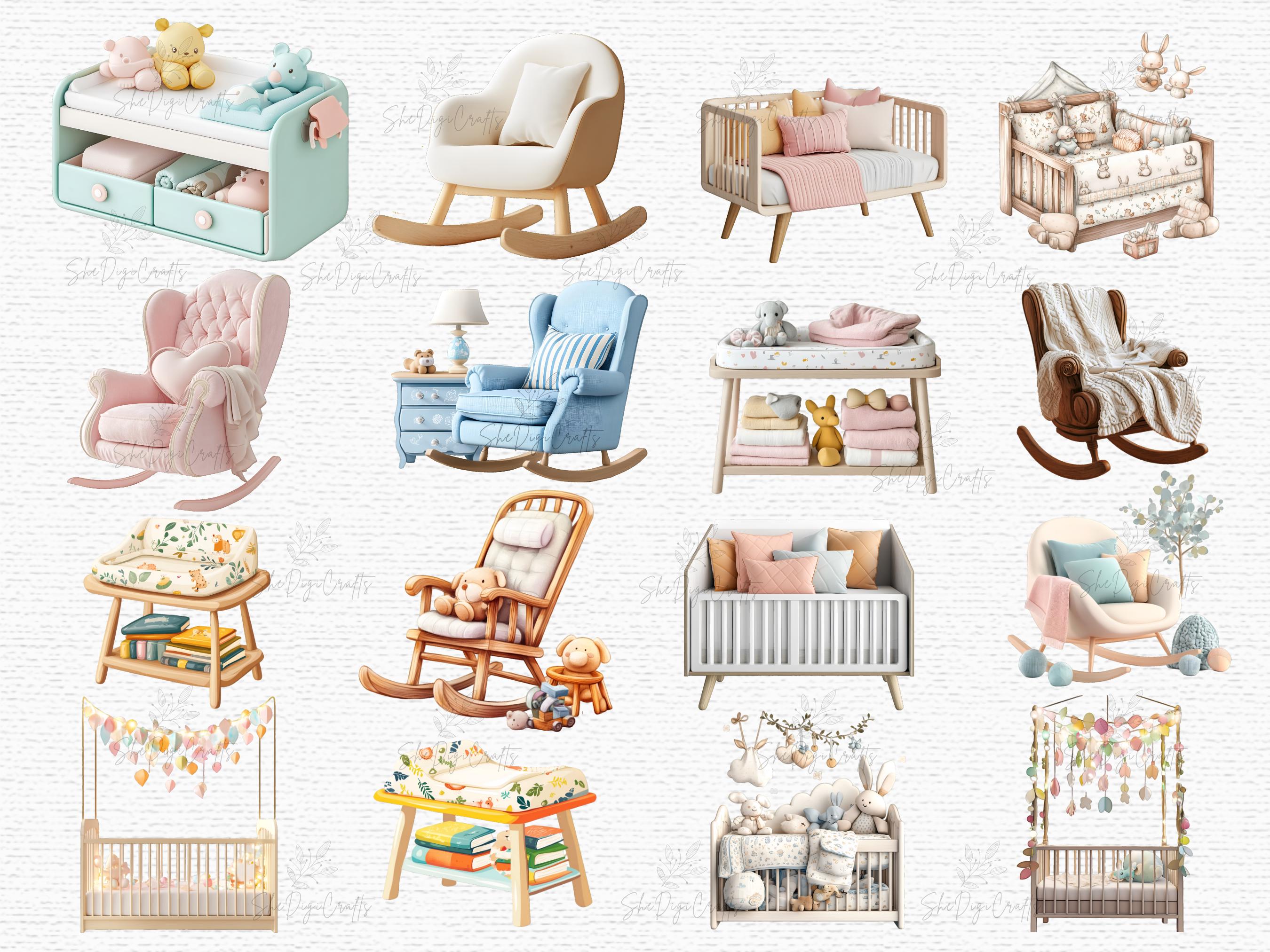 Nursery Furniture Clipart Set Baby Crib Rocking Chair Changing Table ...