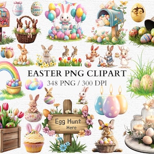 Ostern PNG Clipart Bundle Bunte Pastell Ei Designs Osterkorb Tulpen Baby Küken Dekorative Kerze Holzschilder Scrapbooking