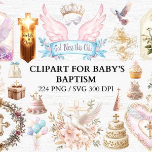 Baptism Clipart PNG SVG Religious Cross Baby Shower Invitation Template Floral Wreath Gold Pink Digital Download Christian Graphics