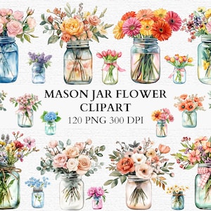 Paquete de imágenes prediseñadas de flores en tarro de albañil con acuarela, descarga digital PNG floral, ramo de flores silvestres, arte rústico, decoración de boda, gráficos de sublimación