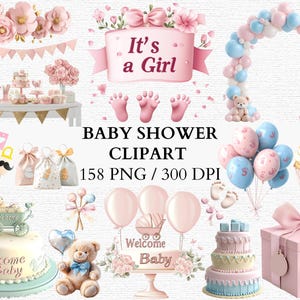 Baby Shower Clipart Bundle PNG Gender Reveal Party Grafiken Es ist ein Junge Mädchen Dekorationen Blau Rosa Boho Digitaler Download Kommerzielle Nutzung