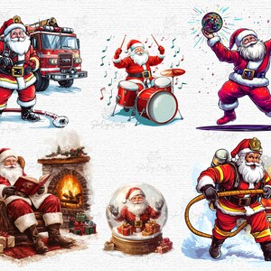 May include: A collection of digital illustrations featuring Santa Claus in various scenarios. Santa is depicted as a firefighter, drummer, and dancer, and also reading by a fireplace and inside a snow globe. The illustrations are in a cartoon style.
