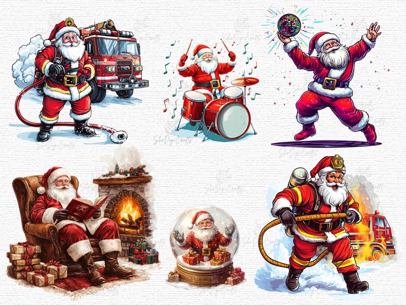 May include: A collection of digital illustrations featuring Santa Claus in various scenarios. Santa is depicted as a firefighter, drummer, and dancer, and also reading by a fireplace and inside a snow globe. The illustrations are in a cartoon style.