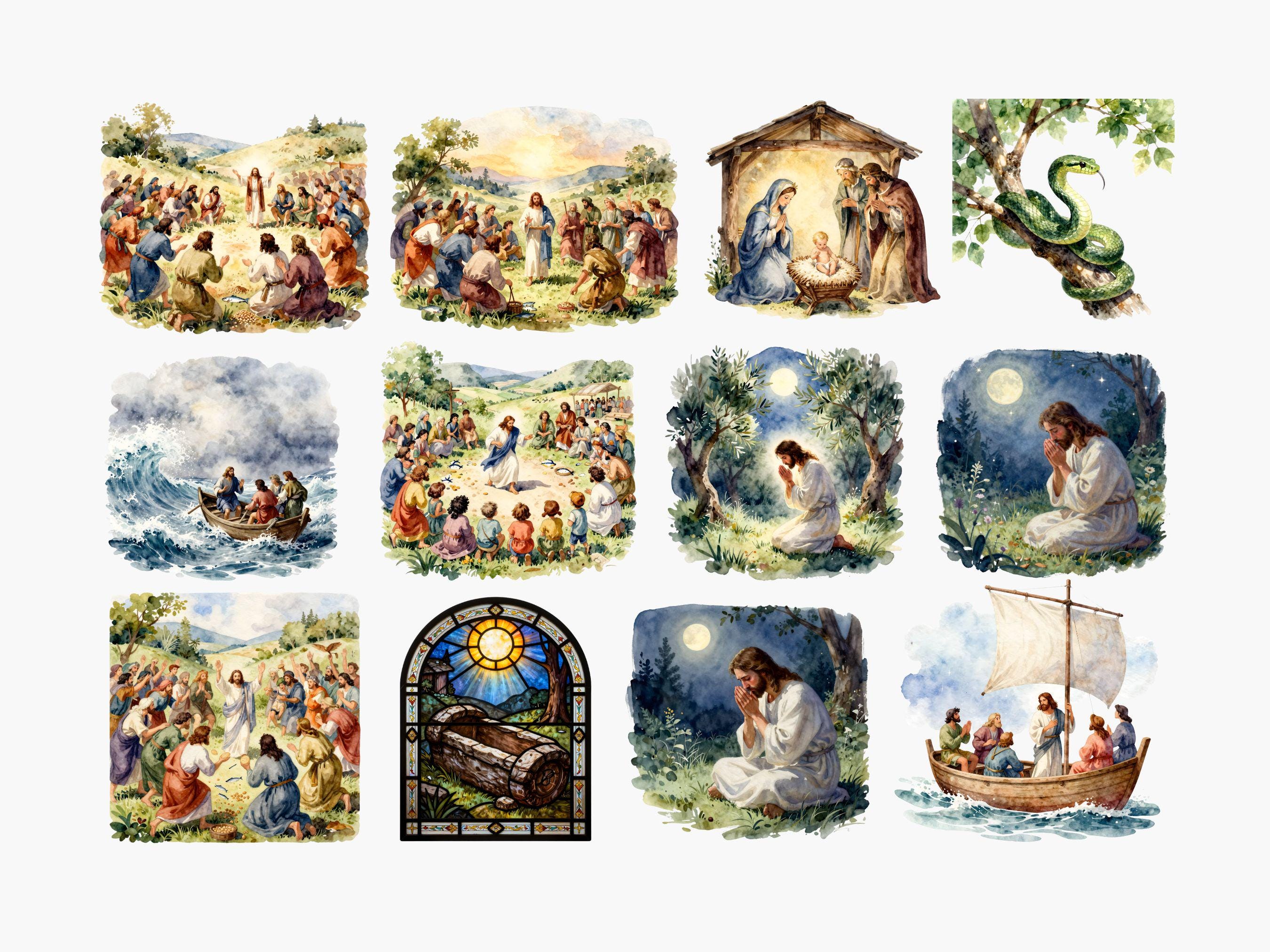 Watercolor Bible Scene Clipart PNG Bundle, Christian Jesus Nativity ...